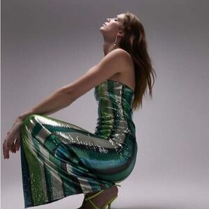 Topshop Strapless Green and Blue Sequin Dress